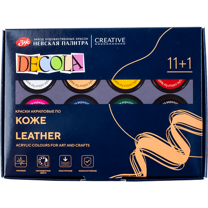 Краска акриловая по коже "Декола", набор 11 цветов, банки, лак, 20 мл