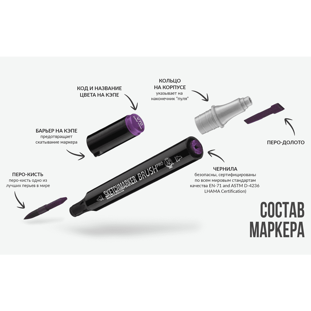 Маркер перманентный двусторонний "Sketchmarker Brush", V91 тусклый фиолетовый - 7