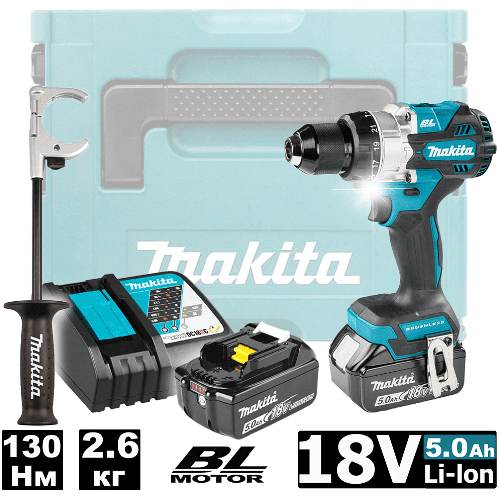 Дрель-шуруповерт аккумуляторная MAKITA DHP486RTJ, 18 В, 130 Нм, 5.0Ачx2, MakPac