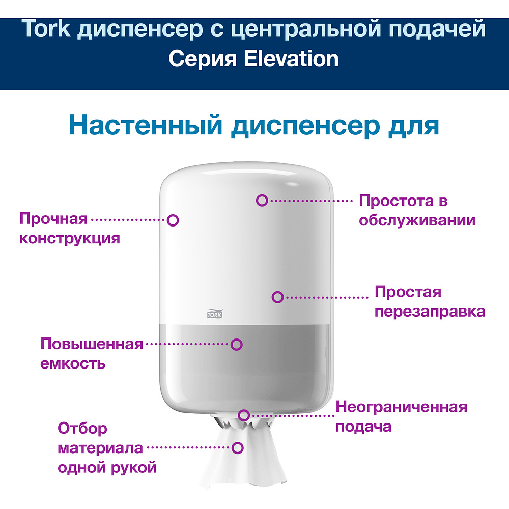 Диспенсер для протирочных материалов в рулонах с центральной вытяжкой пластиковый Tork "M2", белый (559000-06) - 5