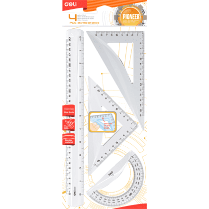 Набор чертежный "Deli EG00512": линейка 30 см, треугольник 45 и 60 гр, транспортир 180 гр, прозрачный
