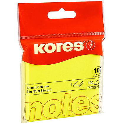 Бумага для записей на клейкой основе "Kores", 75x75 мм, 100 листов, желтый неон