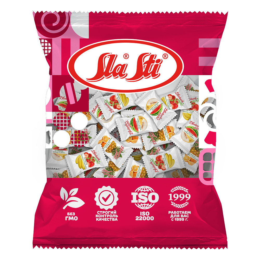 Карамель леденцовая "Sla Sti. Двойной микс", 200 г, со вкусом арбуз-дыня, клубника-банан, апельсин-ананас