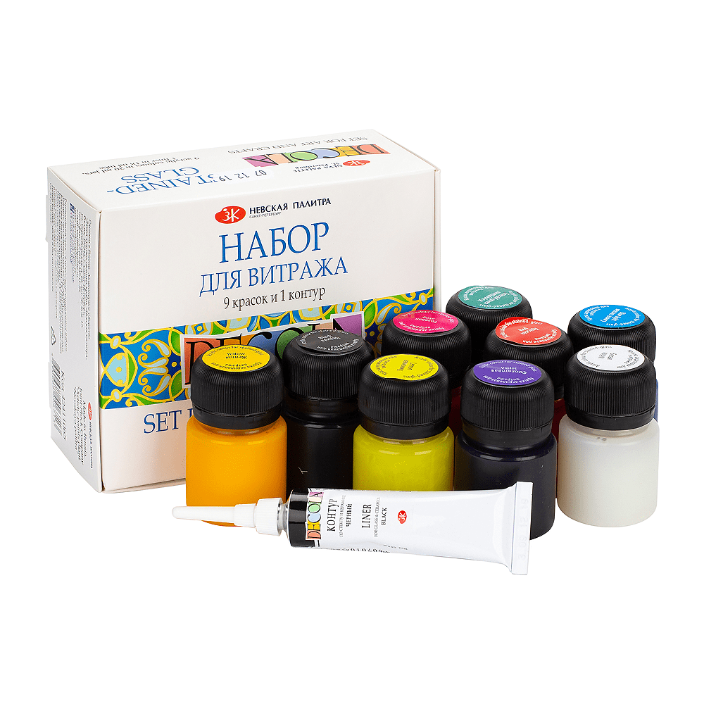Краска акриловая для витража "Декола", набор 9 цветов, 20 мл, банки + контур - 2