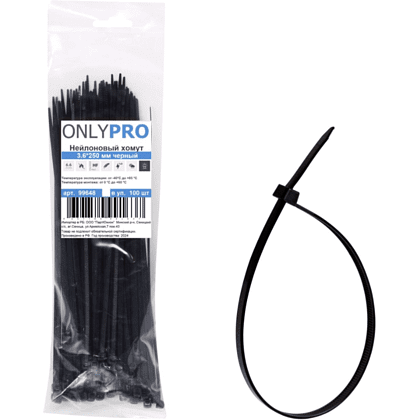 Хомут нейлоновый OnlyPro, 3.6х200 мм, черный, 200 шт