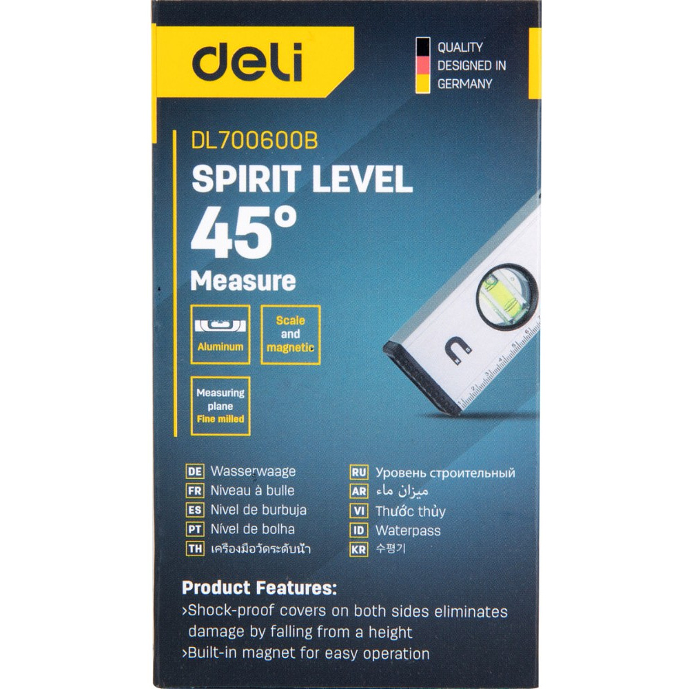 Уровень строительный Deli YS EDL700600B, 600 мм, магнит, алюминиевый сплав - 2