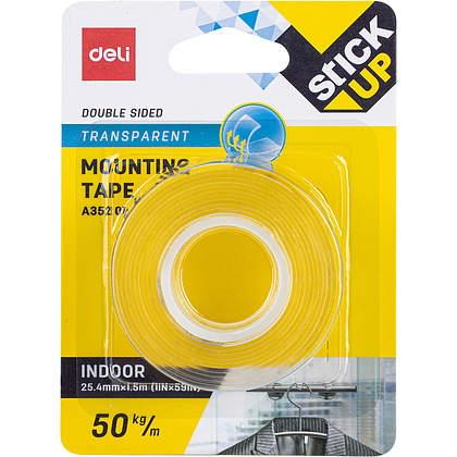 Клейкая лента двусторонняя "Deli" монтажная, 25.4x1.5 мм/м, прозрачный - 3