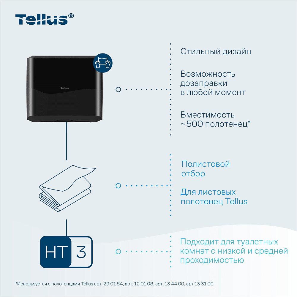 Диспенсер Tellus для полотенец листовых, мини, черный, HT3 - 15