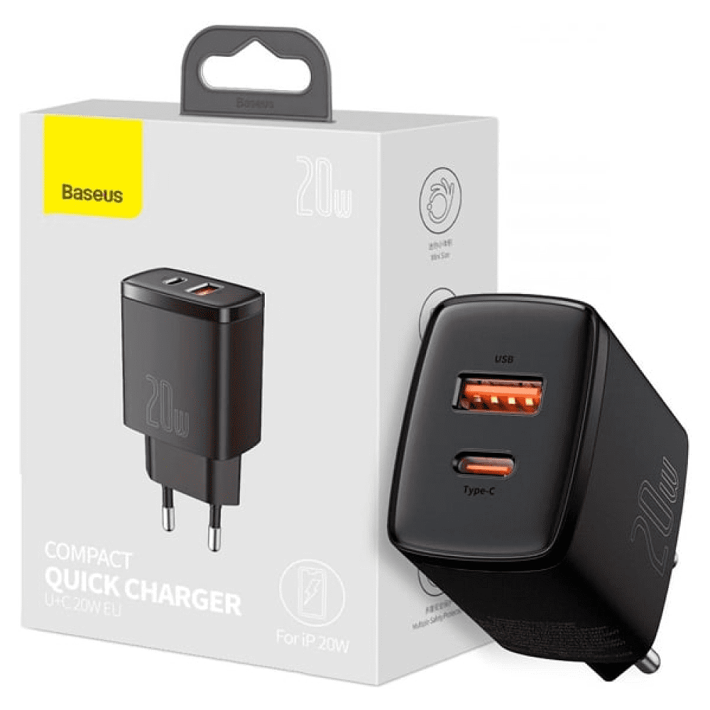 Сетевое зарядное устройство Baseus "CCXJ-B01", Compact Quick Charger USB+Type-C 20W, черный - 3
