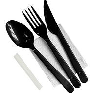 Набор приборов одноразовых (вилка+ложка ст.+нож+салфетка+зубочистка), 200 шт/упак, пластик, черный