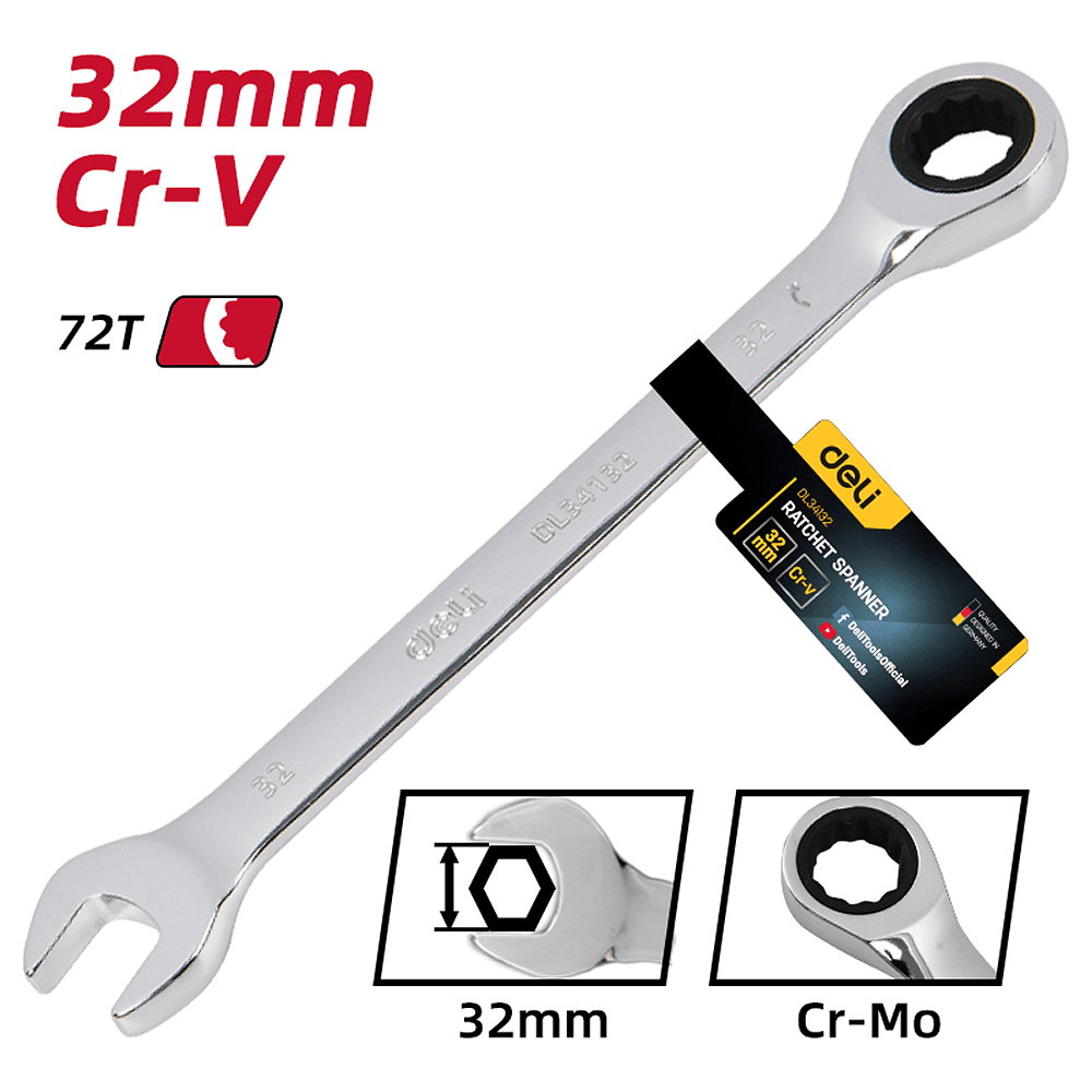 Ключ комбинированный Deli YS EDL34132, 32 мм, с трещоткой, 72 зуба - 6