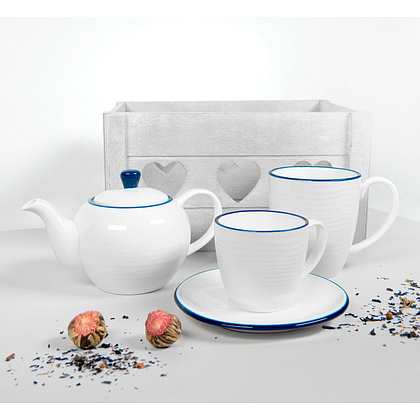 Набор посуды чайник и чашка с блюдцем "Seawave", белый, синий - 2