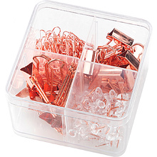 Набор канцелярский "Deli", кнопки+скрепки+зажимы, розовое золото