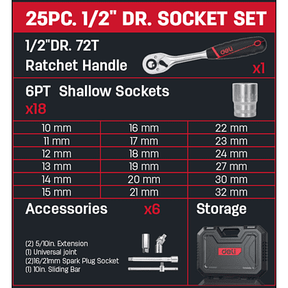 Набор инструмента 1/2" Deli RS EDQ43025, 25 шт. - 3