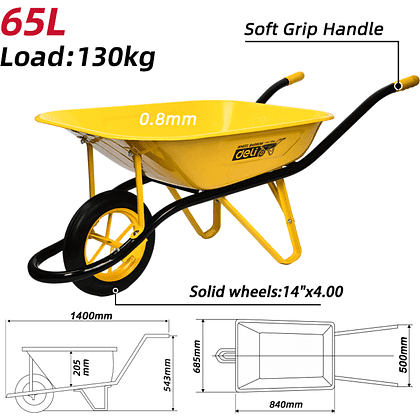 Тачка строительная Deli "EDL437065", 65 л, 130 кг, 1 пневмоколесо - 2