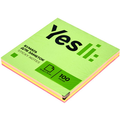 Бумага для заметок на клейкой основе "Yesli:", 75x75 мм, 100 листов,, ассорти неон - 2