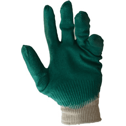 Перчатки трикотажные х/б, одинарный латексный облив, 13 кл. вязки, белый, зеленый