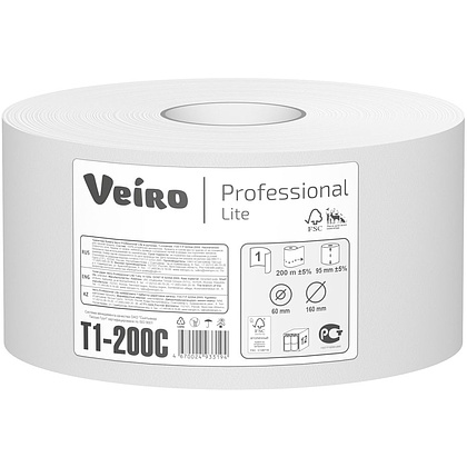 Бумага туалетная "T1-200C" в средних  рулонах, 1 слой, 1 рулон, 200 м