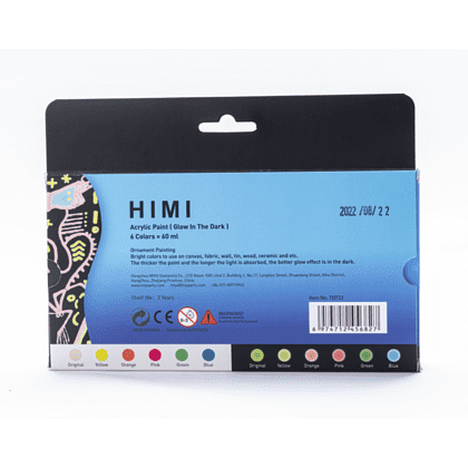 Краски акриловые "Himi", 6 цветов, светящиеся в темноте, флаконы - 12