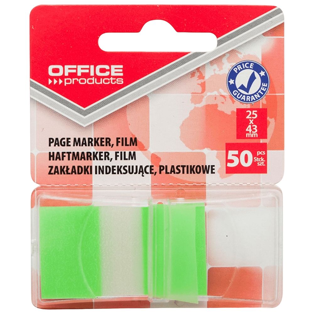 Закладки пластиковые "Office products", 25x43 мм, 50 шт, зеленый, блистер