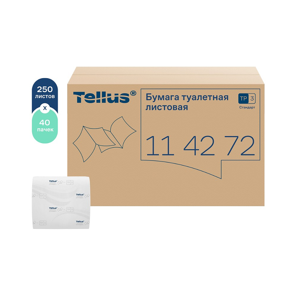 Бумага туалетная  Tellus Стандарт, TР3, листовая, 250 листов, 1 слой - 4