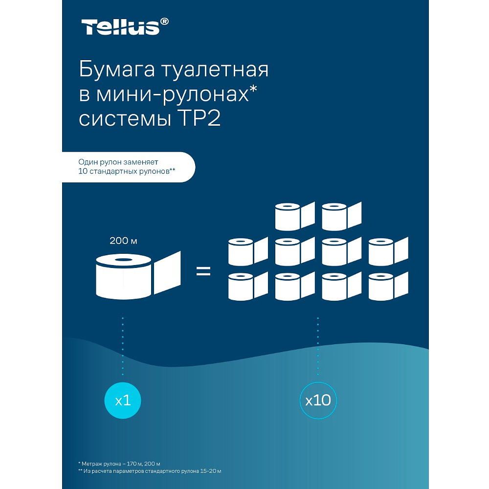 Бумага туалетная Tellus Стандарт ТP2, в мини рулоне, 200 м, 1 слой - 20