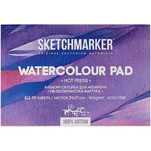 Блок бумаги для акварели "Sketchmarker", А4, 300 г/м2, 10 листов, мелкозернистая