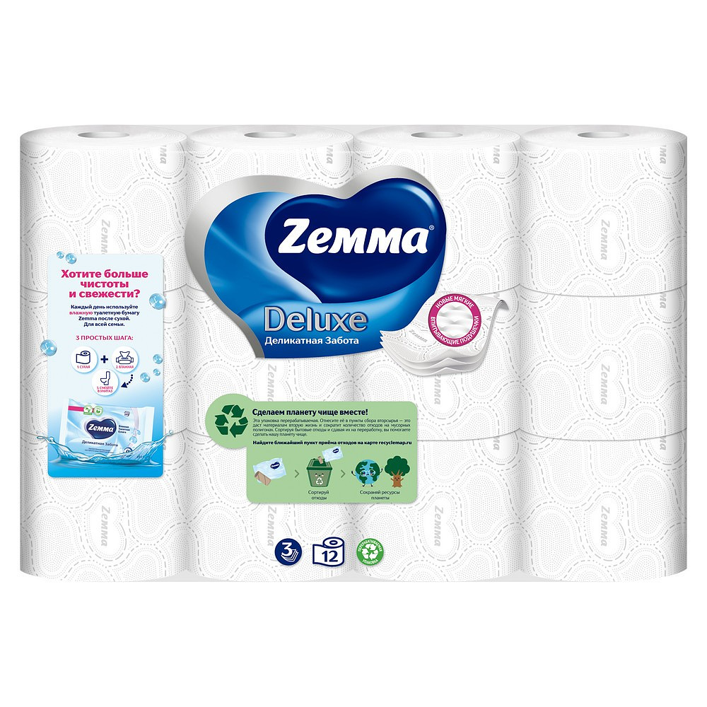Бумага туалетная Zemma Deluxe, 12 рулонов, 3 слоя, белый - 5