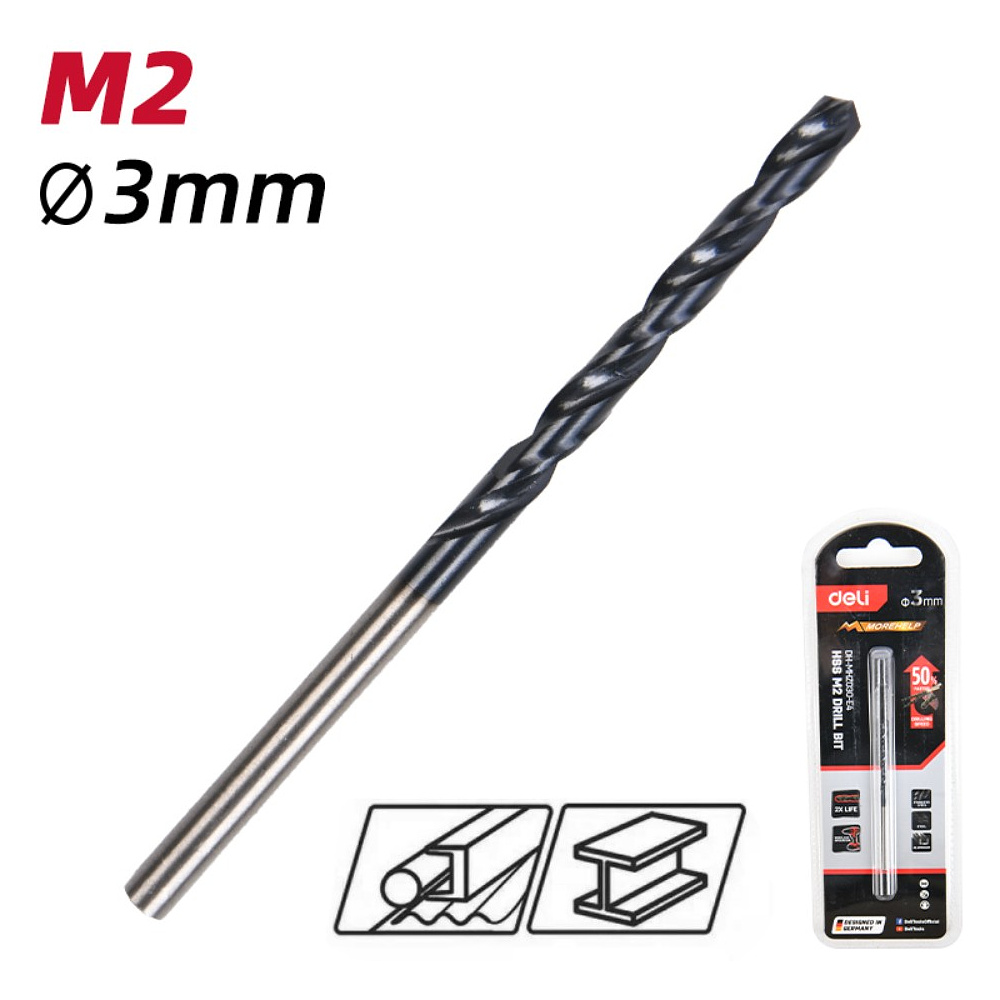 Сверло по металлу Deli RS EDH-MHZ030-E4, 3.0 мм, DIN 338, HSS-TiN - 2