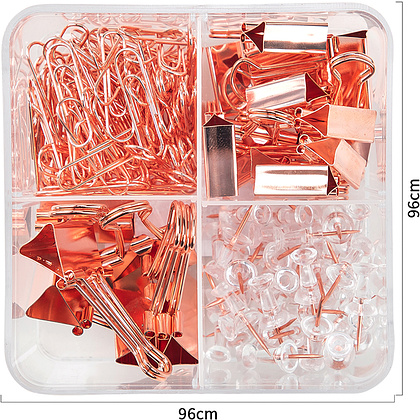 Набор канцелярский "Deli", кнопки+скрепки+зажимы, розовое золото - 3