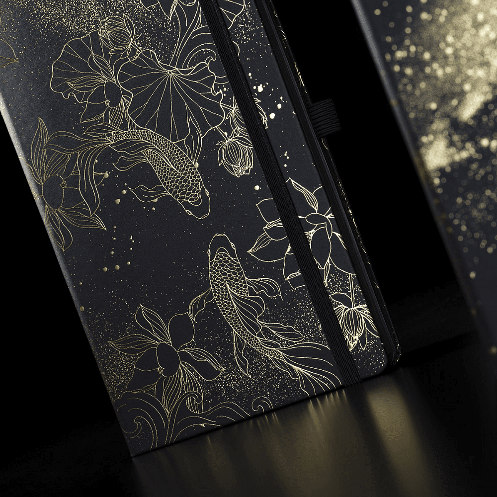 Блокнот "Total Black goldfish gold", А5, 96 листов, на резинке, черный, золотистый, срез черный - 6