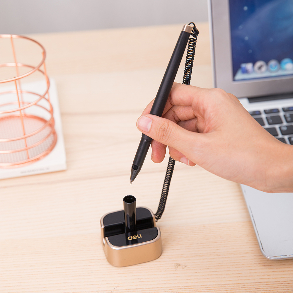 Ручка гелевая на подставке "Deli", черный, золотой, стерж. синий - 4