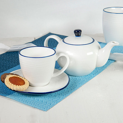 Набор посуды чайник и чашка с блюдцем "Seawave", белый, синий - 3