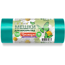 Мешки для мусора Ромашка Премиум, 120 л, ПВД, 35 мкм, 70х110 см, 10 шт/рулон, зеленый