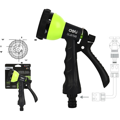 Пистолет-распылитель Deli GS EDL8758, 7 функций, быстросъем, фиксатор курка, черный, зеленый - 2
