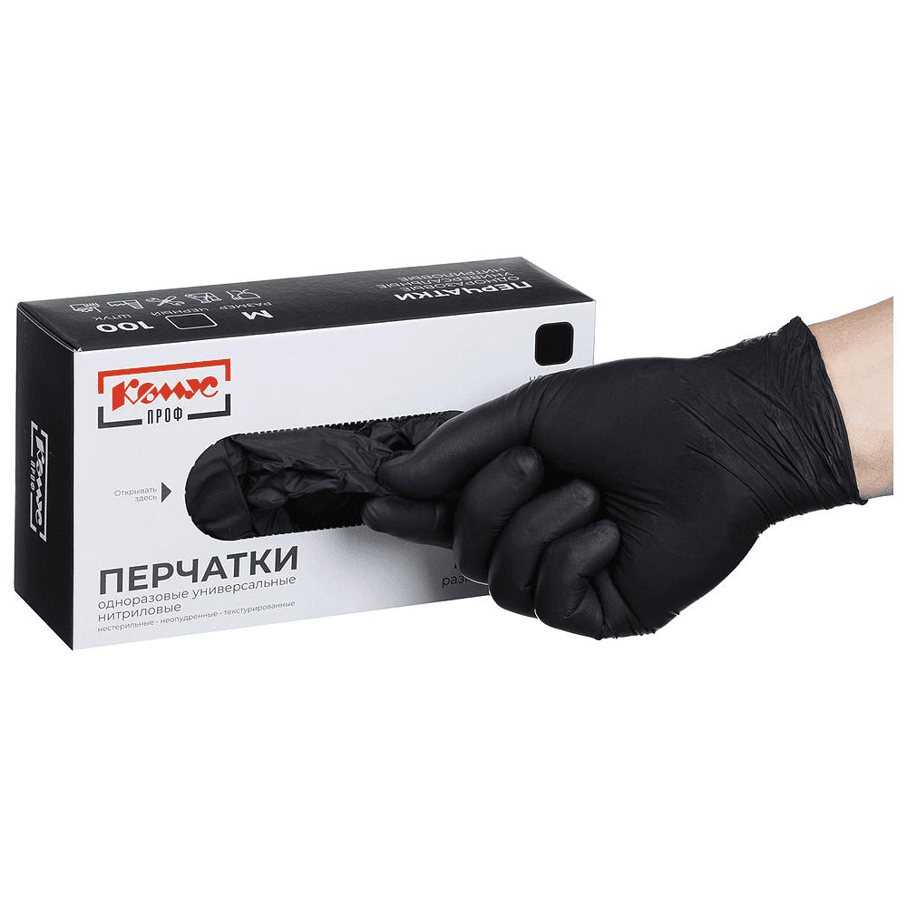 Перчатки нитриловые, неопудренные, одноразовые, р-р, M, 100 штуки, черный - 4