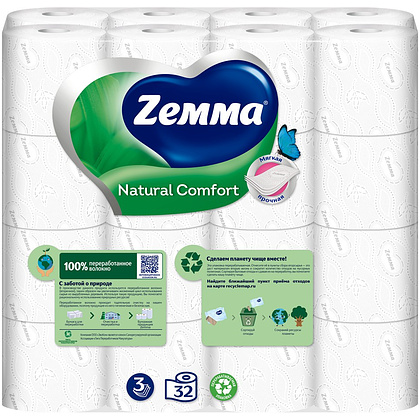 Бумага туалетная Zemma Natural Comfort, 32 рулона, 3 слоя, белый  - 5