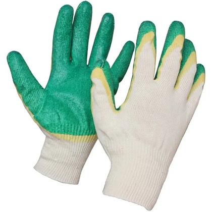 Перчатки трикотажные, х/б,  двойной латексный облив, 13 кл. вязки, белый, зеленый