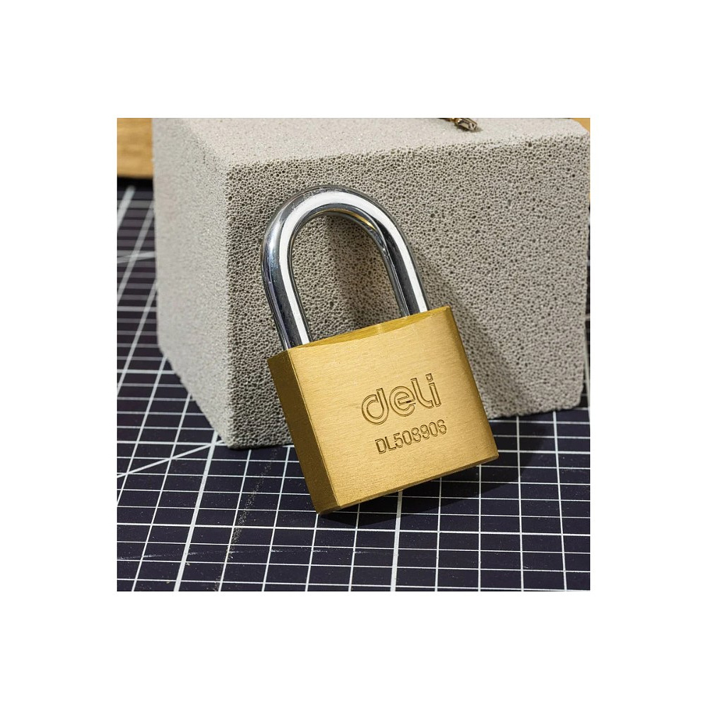 Замок навесной Deli YS EDL508906, 50 мм, 3 ключа, автомат, латунь - 2