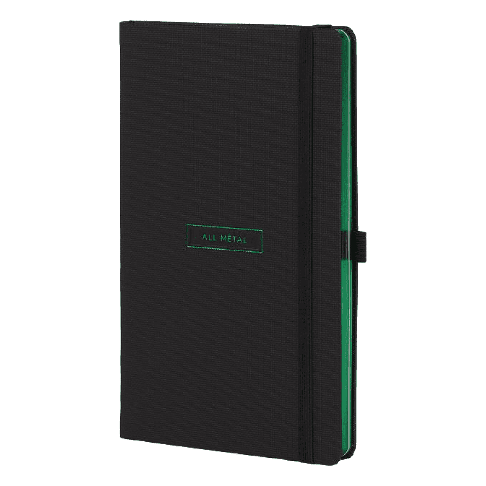 Блокнот "All metal green", А5, 96 листов, на резинке, черный, срез зеленый