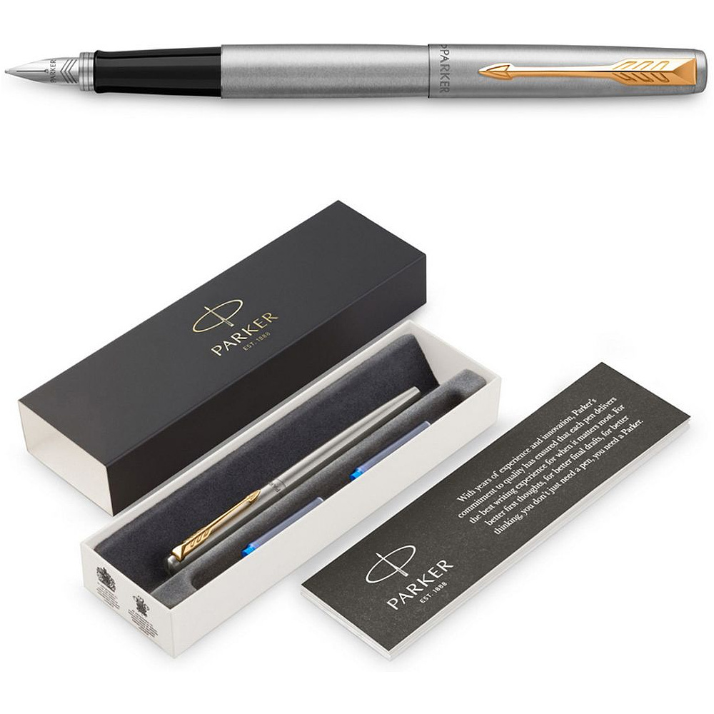 Ручка перьевая "Parker Jotter Stainless Steel CT", М, серебристый, золотистый, патрон синий - 3