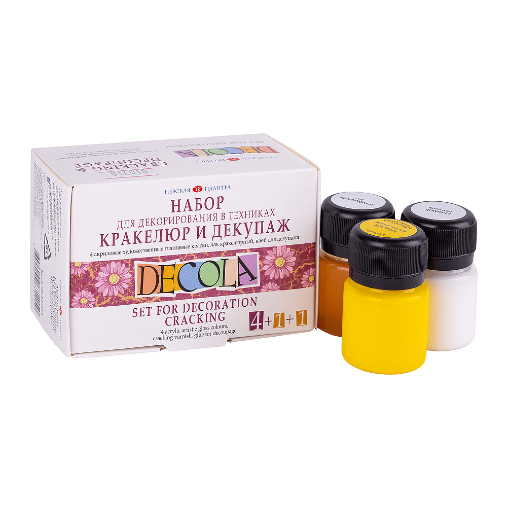 Краска акриловая "Декола", набор 4 цвета, 20 мл, банки, кракелюрный лак и клей для декупажа - 2