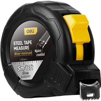 Рулетка Deli YS EDL9005PY, 5 м х 19 мм, нейлоновое покрытие, черный