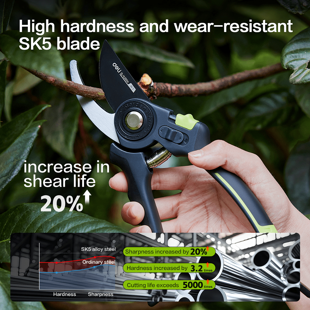 Секатор садовый Deli GS EDL-YL0004, 216 мм, SK5, черный - 3