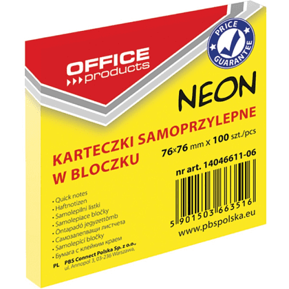 Бумага для заметок "Office Products", 76x76 мм, 100 листов, желтый неон 