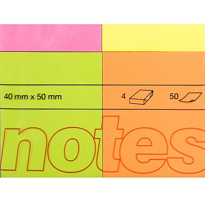 Бумага для записей на клейкой основе "Kores", 40x50 мм, 200 листов, ассорти неон - 3