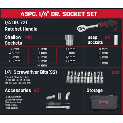 Набор инструмента 1/4" Deli RS EDQ41043, 43 шт - 3