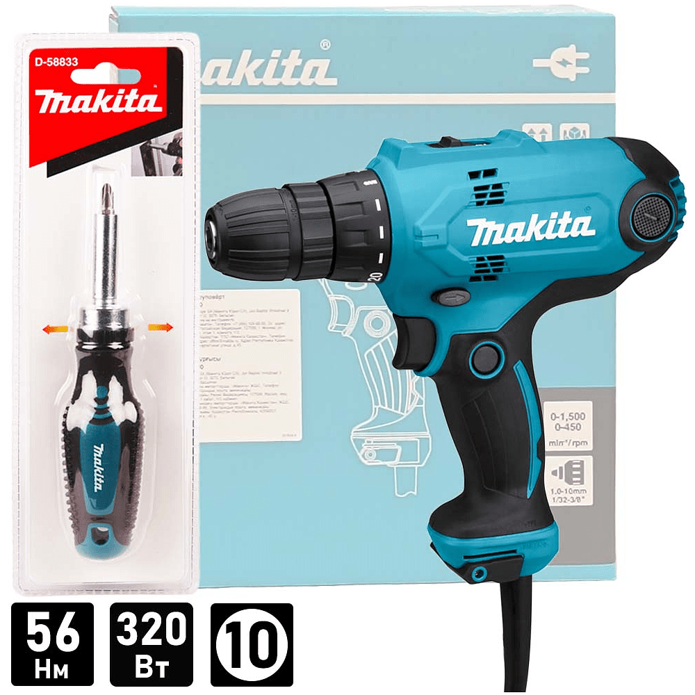 Дрель-шуруповерт MAKITA DF0300X1, 320 Вт, 56 Нм + Отвертка D-58833, коробка