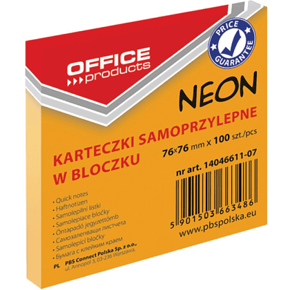 Бумага для заметок "Office Products", 76x76 мм, 100 листов, оранжевый неон