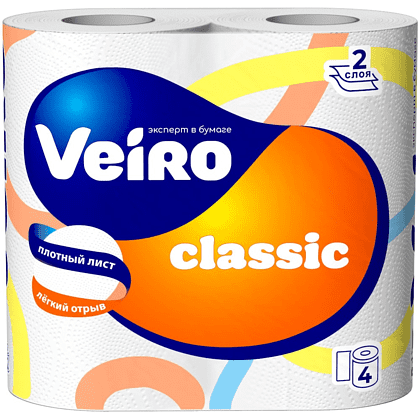 Бумага туалетная "Veiro Classic", 2 слоя, 4 рулона